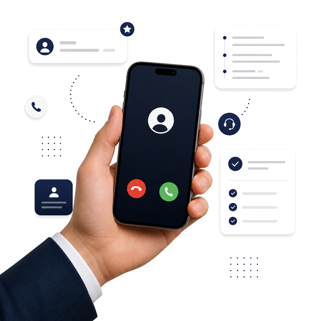 Smartphone with an incoming business call handled by Converzaq voice receptionist