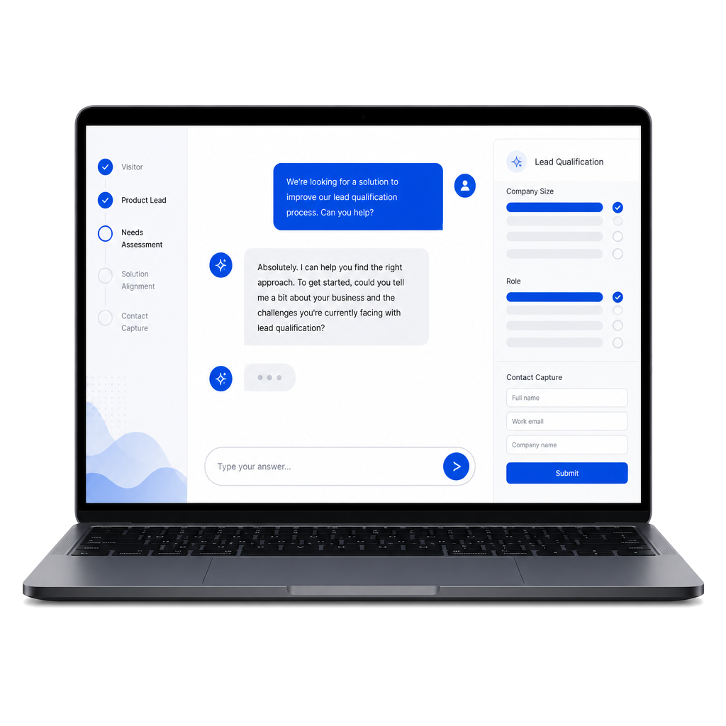 Laptop showing a website AI chat receptionist capturing and qualifying a visitor