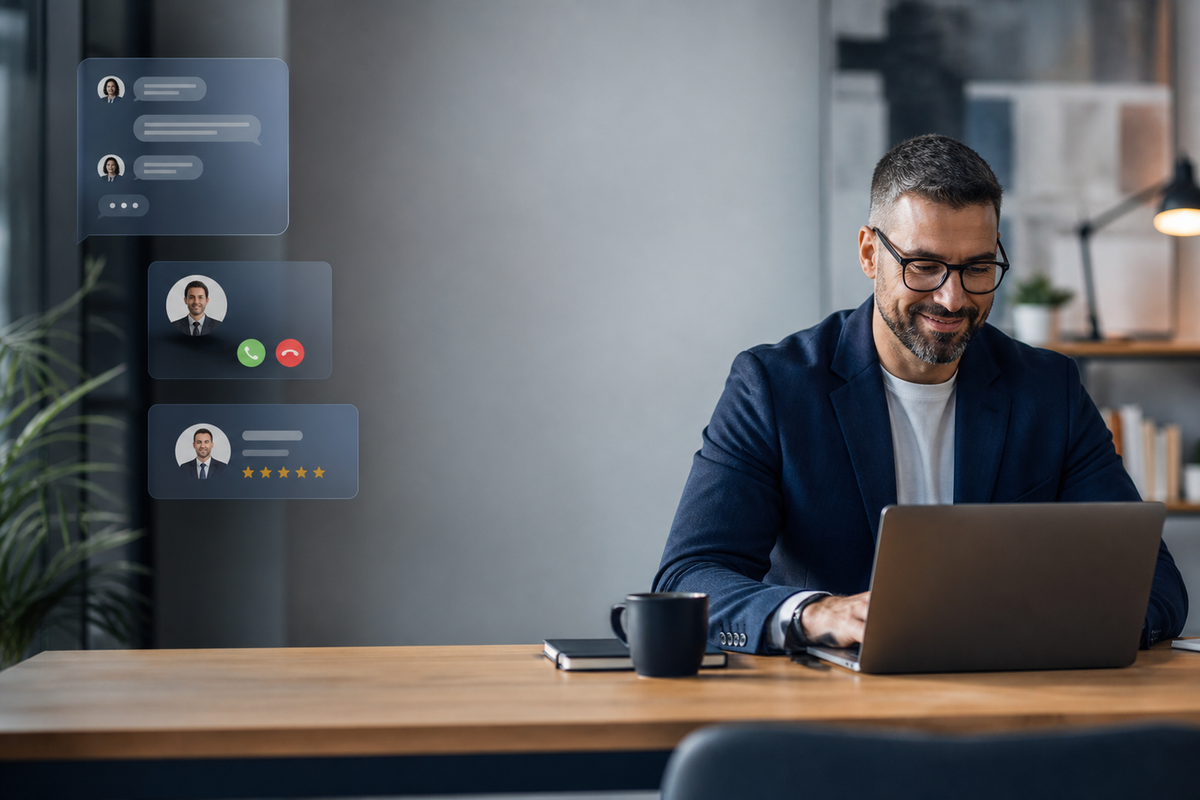 Business owner in a modern office while Converzaq handles website and phone inquiries